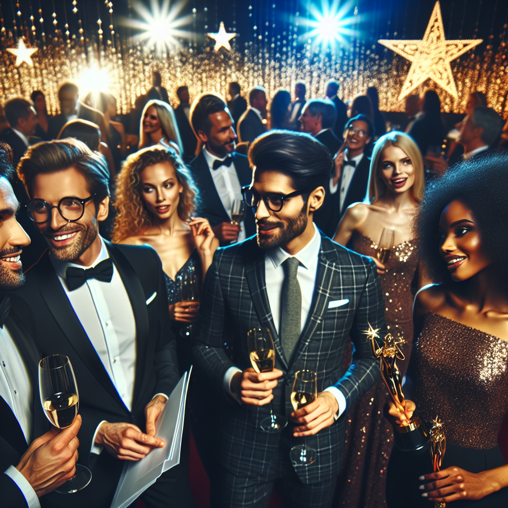 A lively scene at an upscale event. The room is filled with well-dressed individuals, both men and women of various descents such as Caucasian, Hispanic, Middle-Eastern and Black. They are chatting animatedly, holding appropriately themed props like microphones, scripts, or awards. Glittering lights twinkle overhead, creating a radiant aura that sets the mood of a glamorous gathering. The focus of the image should be on the stunning elegance and societal prestige of these individuals. Notable symbols or signifiers of celebrity culture, like star motifs and red carpets, should also be included.