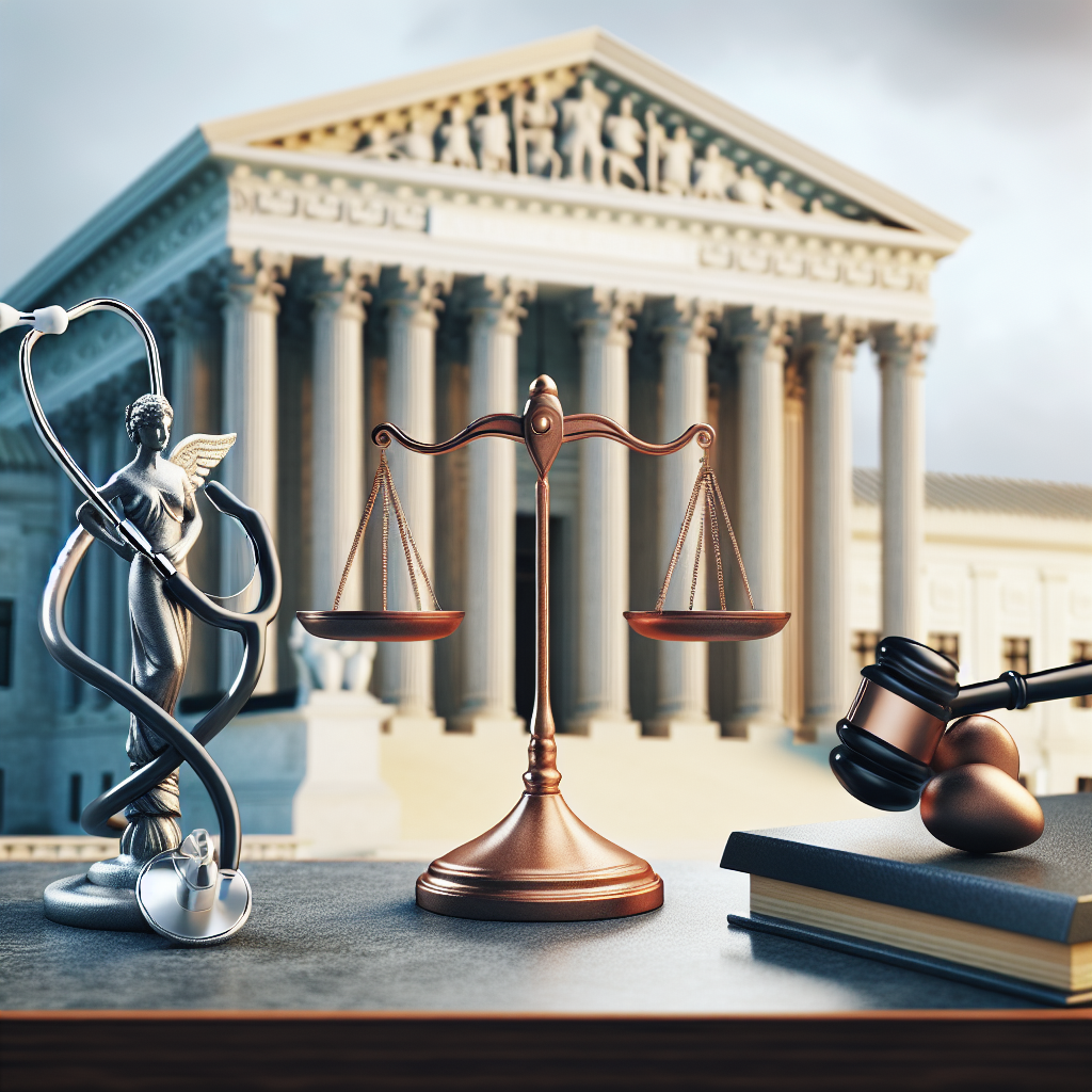 An official courthouse of the US Supreme Court in the foreground, with three separate symbols representing crucial topics standing tall: a silver stethoscope symbolizing health issues, a gold balance scale signifying the law (avoiding direct representation of guns), and a bronze graduation cap symbolizing education and student loans. Overlay this scene with a soft, thoughtful and respectful light, highlighting the serious nature of these important decisions.