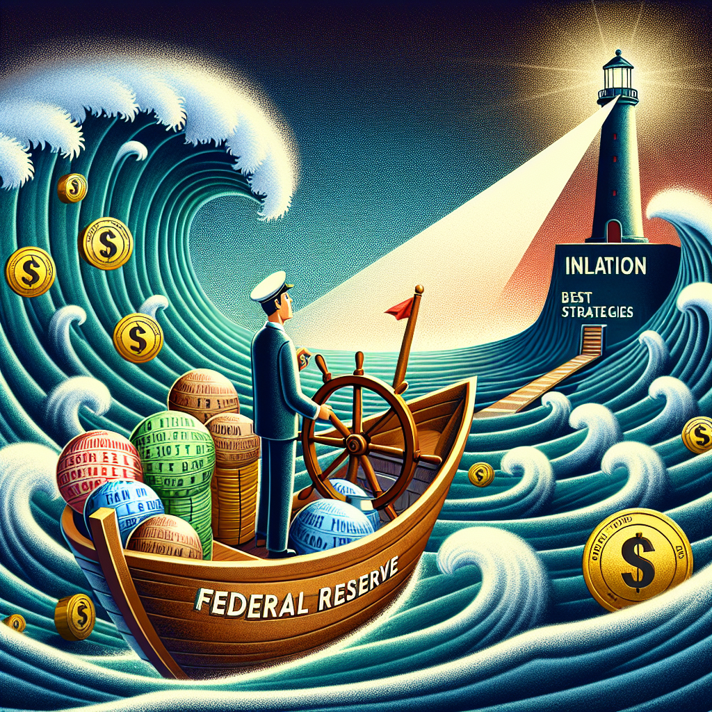 Depict a symbolic illustration about Federal Reserve interest rate decisions and how they interact with inflation. Show a personified representation of 'Federal Reserve' as a cautious ship captain, navigating through rough sea waves symbolizing 'inflation'. Add in the background a lighthouse casting a beam of light on a pathway, representing 'Best Strategies'. The ship should be loaded with various monetary symbols signaling 'interest rates'. The overall scene should represent the continuous challenge of dodging the waves of inflation and the necessity of skilful navigation using strategic knowledge.