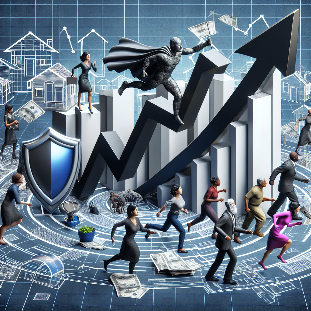 A chaotic scene representing the current state of the housing market. There's a large graph with an arrow dramatically soaring upwards, symbolizing escalating mortgage rates. A figurative representation of a diverse range of people (including a Caucasian woman, a Black man, a South Asian elderly man, and a Middle-Eastern young woman) are maneuvering through a labyrinth constructed from architectural blueprints of houses, signifying the challenge of navigating the housing market crisis. Finally, scattered around the scene, there are several icon-like images such as a shield for protection strategies and a compass for navigation.