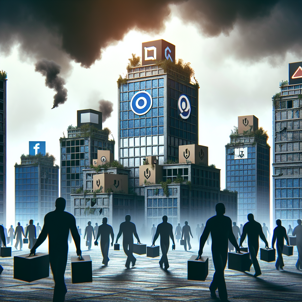 A conceptual image of a symbolic representation of several buildings, labelled with non-copyright logos that suggest tech companies. These buildings are shown partially crumbled, with workers of diverse descents and genders exiting the scene, carrying boxes that could denote layoffs. Dark clouds loom overhead, suggesting an economic downturn. The tone is somber but not hopeless; there could be a small amount of sunlight breaking through the clouds to represent possible recovery.