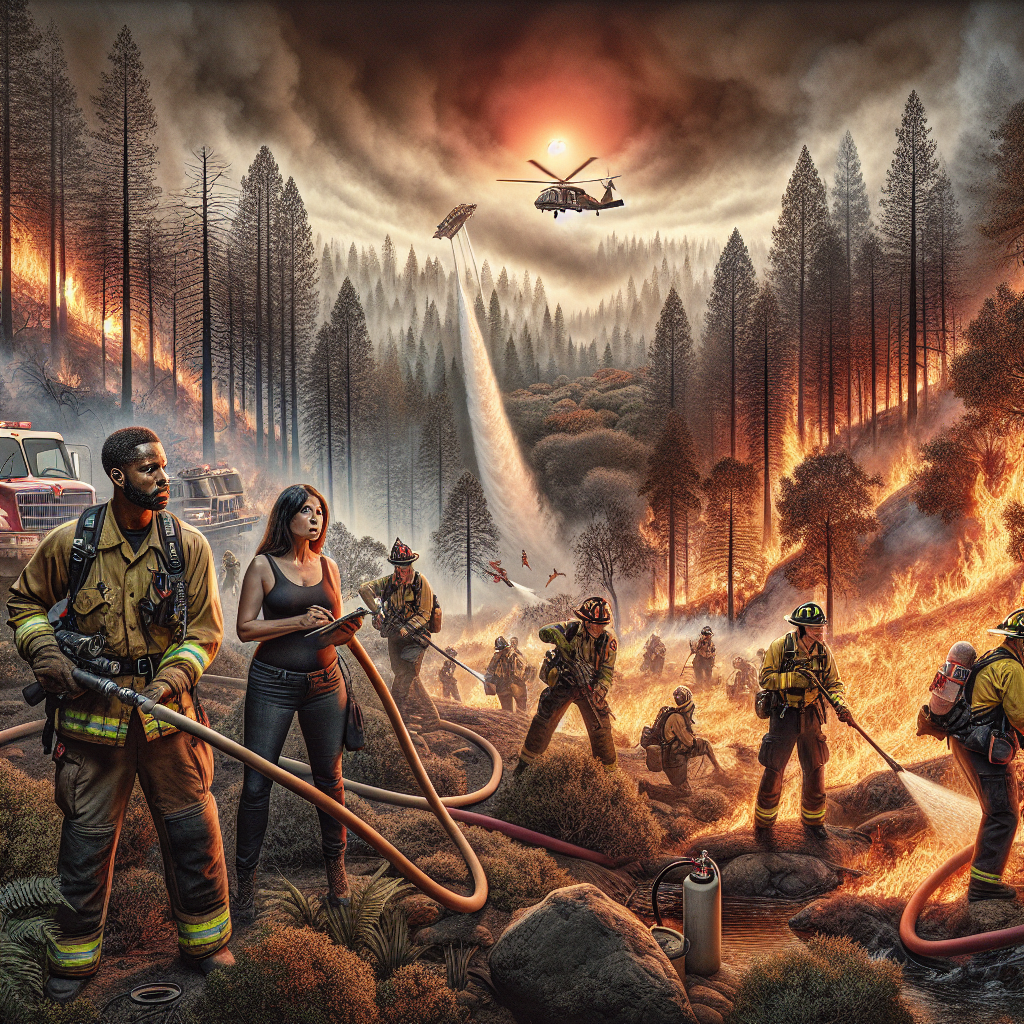 A dramatic and complex scene illustrating the extreme conditions associated with a wildfire emergency during an intense heatwave. In the foreground, a diverse group of brave firefighters, including a Hispanic woman and a Black man, are working diligently to contain a raging forest inferno with their fire hoses. Behind the firefighters, the woods are ablaze with tall flames consuming the dry, parched trees. In the background, we can see a helicopter dropping water onto the fire. The sky is filled with smoky clouds, making the sun appear a fiery red. It's a testament to resilience, cooperation, and tactical strategy amidst harsh environmental challenges.