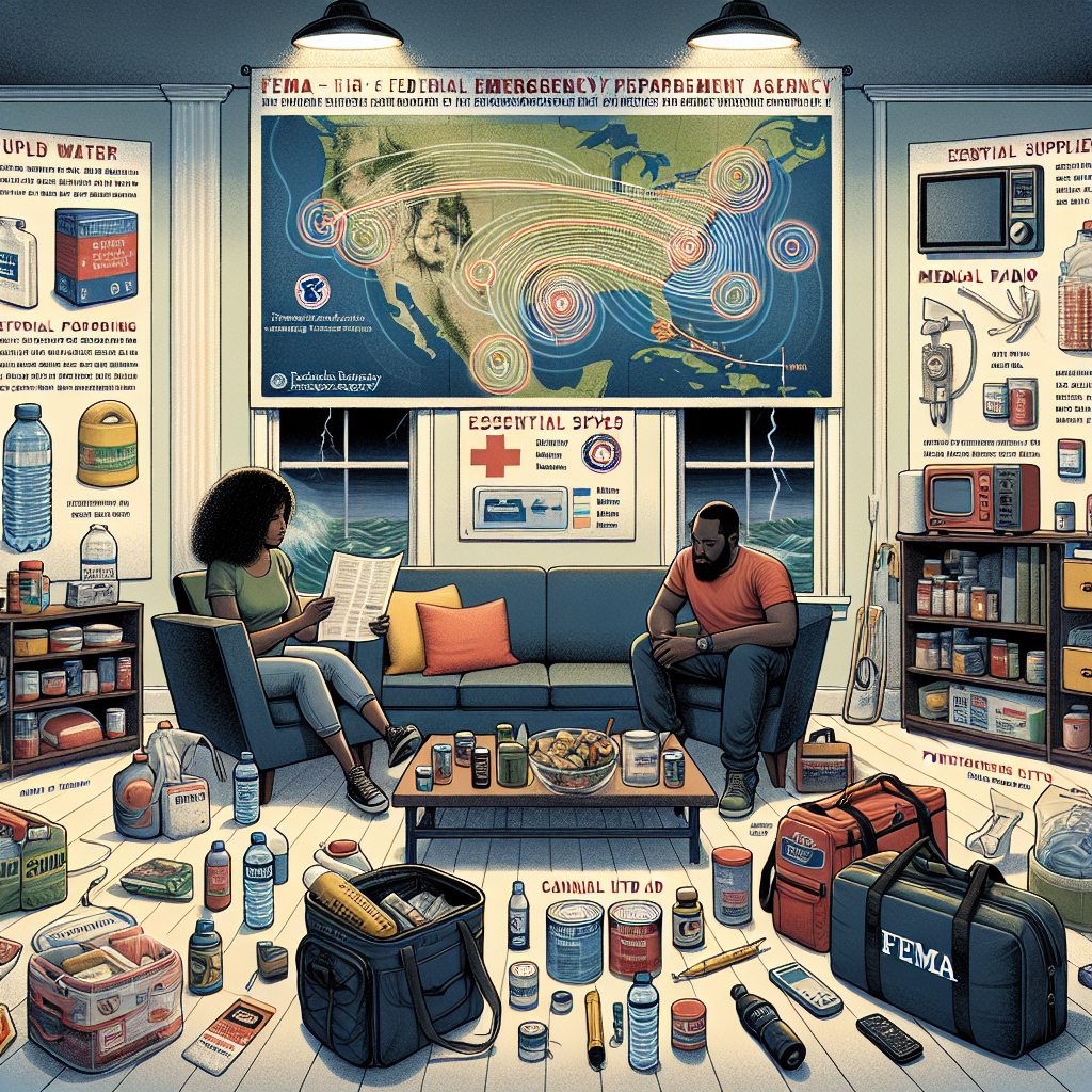 An in-depth illustration of a scene showing the key elements for FEMA (Federal Emergency Management Agency) emergency preparedness during the hurricane season. It features a brightly lit living room with a large detailed hurricane tracking map on the wall, essential supplies neatly organized, such as bottled water, canned food, flashlights, medical kit, portable radio, and batteries. In one corner, a black woman is carefully reading a FEMA emergency preparedness pamphlet, while a Middle-Eastern man is double-checking the contents of a sturdy, waterproof emergency bag. Include textual annotations highlighting the importance of each item, emphasizing proper preparation and readiness.