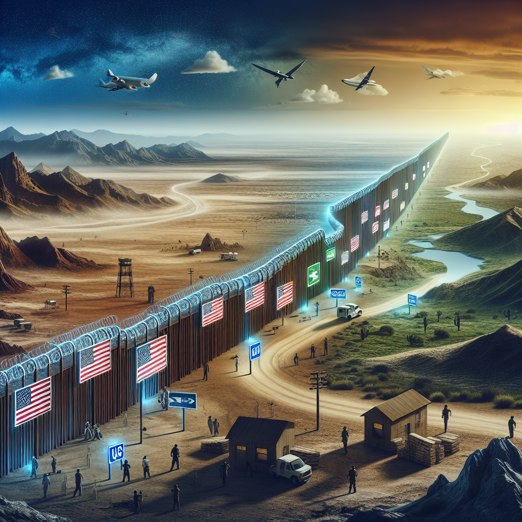 A conceptual image representing the changes in US immigration policy. The setting is a representation of the US border, shown as a boundary line stretching across diverse landscapes such as deserts, rivers, and mountains. The border is depicted as being reinforced with new tools and technologies symbolizing enhanced security. Various signs dotted along the border, each indicating different policy changes. Noticeably absent are people or patrols to keep the focus on policies rather than individuals. The sky above transitions from dawn to dusk, indicating the ongoing nature of changes and updates. Remember, this image is metaphorical and doesn't represent actual places or events.