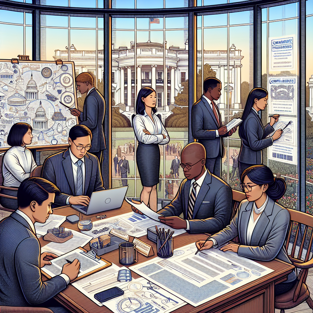 An intricate illustration displaying a well-organized office setting, showcasing a diverse group of professionals to reflect inclusivity. Group includes an Asian female legislator looking intensively at an AI blueprint, an African American male attorney working diligently on a legal document, and a Hispanic non-binary regulatory officer analyzing a policy report. The office features a whiteboard showing compliance strategies. Scattered on the table are policy documents with titles such as 'AI Regulation' and 'Compliance Strategies'. The White House seen through the panoramic window in the background signifies the national political setting.