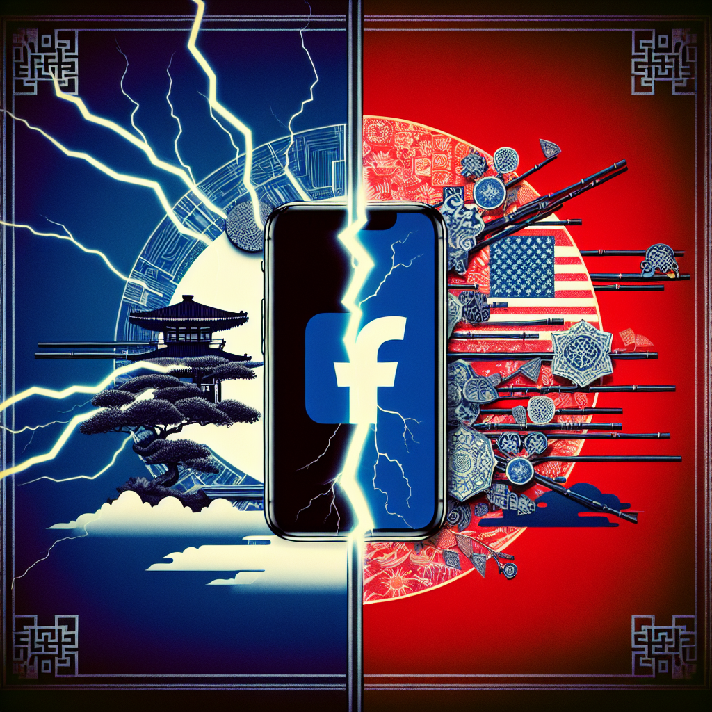 An abstract representation of the discussion around the potential banning of a popular social media app originating from a East Asian nation in the context of escalating tech tensions between two superpowers. The image should depict a silhouetted smartphone displaying the unmistakable logo of a social media platform, framed against a background split into two halves, one designed with tech elements to represent the Western superpower, and the other with traditional Asian motifs for the Eastern superpower. The tension between the two being symbolized by crackling bolts of electricity across the split.