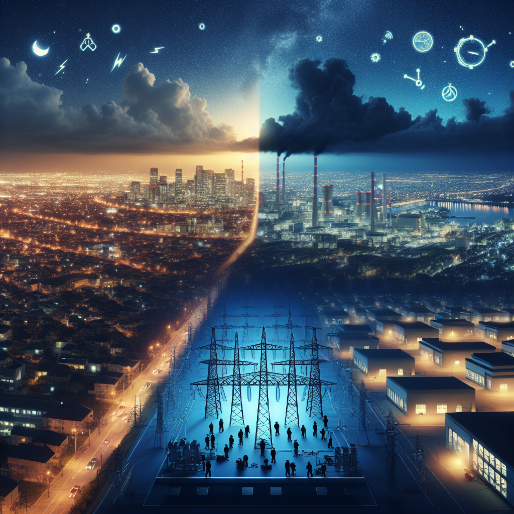 Visualize a scenic representation of a sprawling city at night as seen from an aerial view. The city is divided into two parts: one side is brightly lit, portraying normal operation of the power grid, while the other part is in complete darkness, depicting a power outage. In the background, you can see the silhouette of a team of engineers working at a power station, indicating their efforts to prevent the blackout from spreading. The emblematic image should embody the challenges and solutions related to power grid failure risks and the critical role of prevention measures.