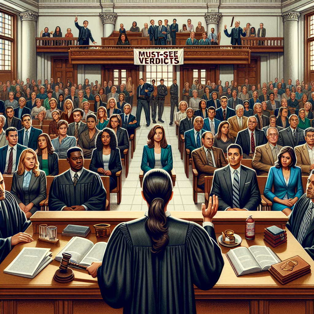 An ornate law courtroom filled with a variety of individuals: a Caucasian female judge in a black robe raised on the bench, a Black male prosecutor confidently addressing the court, a Hispanic female defense attorney listening attentively, a jury comprised of a mix of Middle-Eastern, South Asian and Caucasian males and females, and a mixed audience of expectant spectators of various descents. The words 'Must-See Verdicts' on a banner above the courtroom scene.