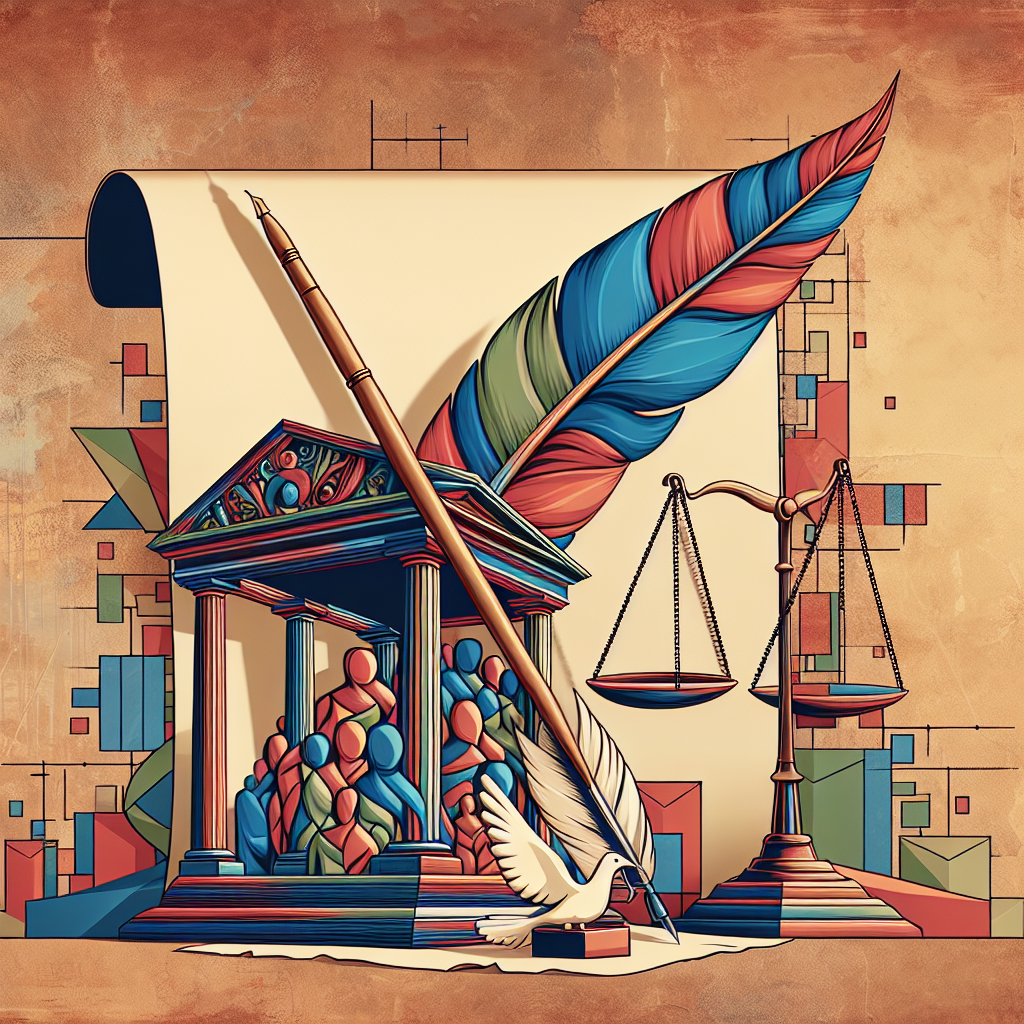 Picture an abstract depiction of a voting booth in a Western democratic setting. In the background, the giant, semi-transparent image of a traditional parchment signifies upcoming law updates. A quill is hovering over the parchment, ready to write. Layers of varied colors signify the diversity of voters. Key symbolic elements of democracy like a scale, a dove, an olive branch are present. This visual narrative signifies the aftermath of an election and the call for voting law updates.