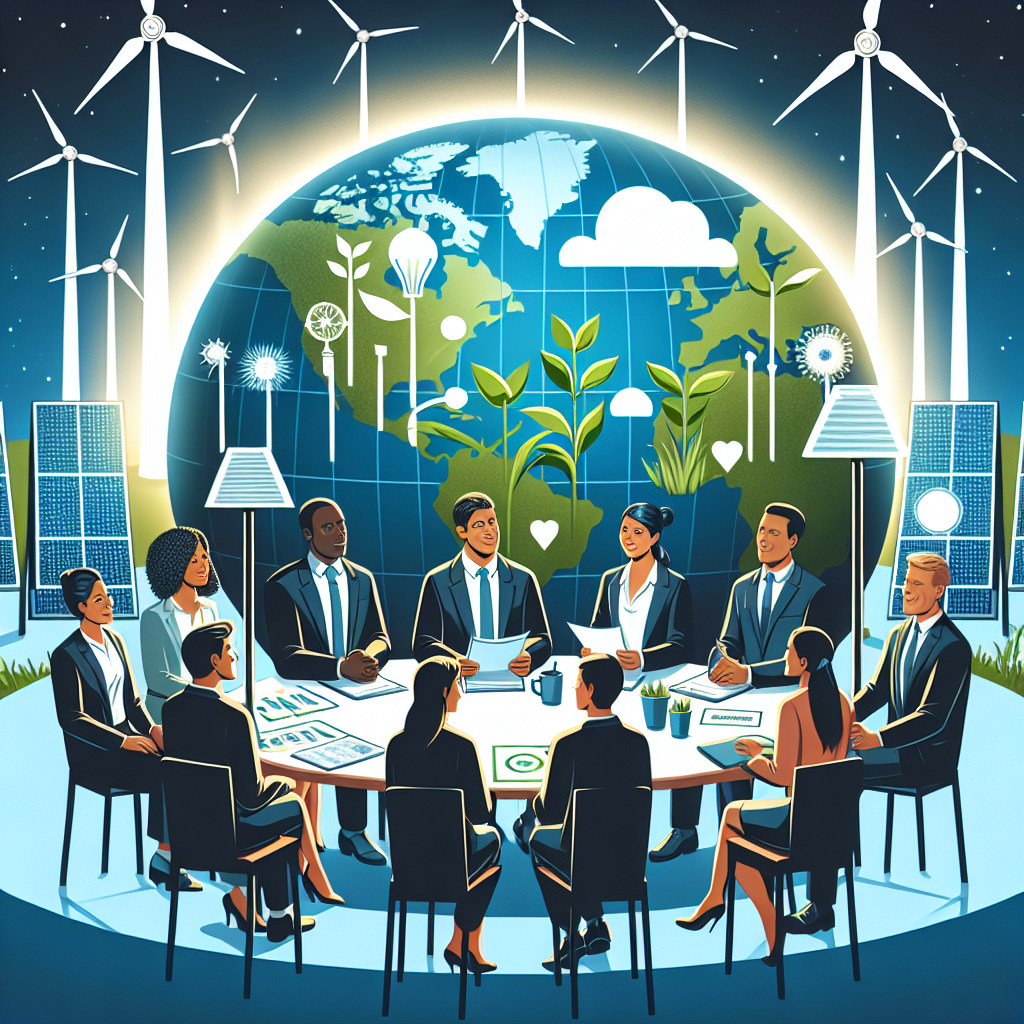 Illustration of a harmonious scene emphasizing clean energy investments as a strategy for combating climate change. In the foreground, a diverse group of individuals made up of a Caucasian man, a Black woman, a Hispanic man, and a Middle-Eastern woman, all dressed in formal attire, having a round-table discussion with stacks of papers and diagrams of wind turbines, solar panels, and hydroelectric dams. The background displays a large Earth globe beautifully illuminated from behind, with multiple green plants sprouting out from the globe's surface, symbolizing the beneficial effects of clean energy on our planet.