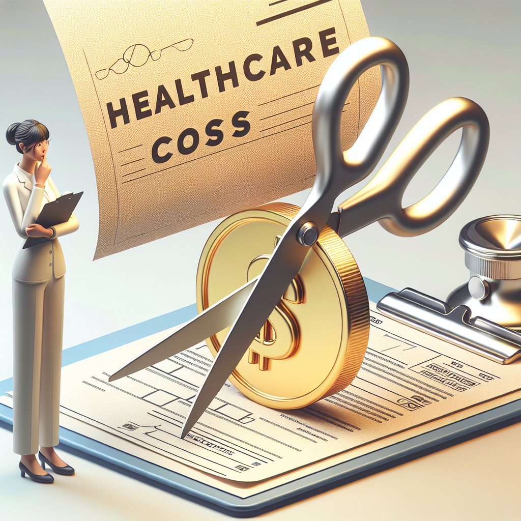 A 3D illustration visualizing the concept of cutting healthcare costs. Imagine a pair of large, shiny scissors made of silver, cutting through a paper with the text 'Healthcare Costs'. Behind the paper is a gold coin that's been halved, symbolizing reduced costs. The background is adorned with a subtle, light pattern consistent with administrative documents, representing the Medicare system. To the side, looking at these elements, is a thoughtful lady of Asian descent, presumably a healthcare strategy planner, holding a clipboard and a pen.