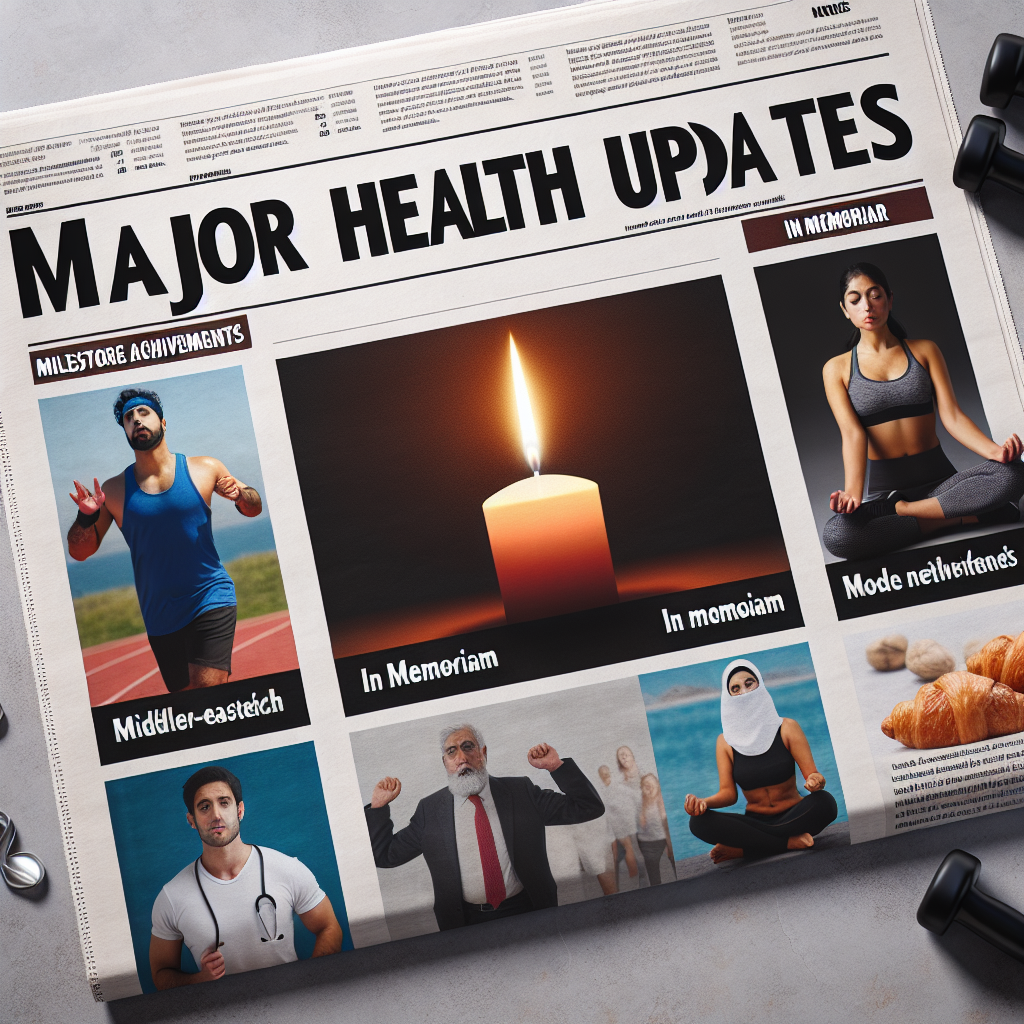 A concept as follows: a newspaper layout with the headline 'Major Health Updates'. Just below, three dedicated sections can be seen. First section is titled 'Milestone Achievements' showcasing a montage of four anonymous individuals showing off their fitness regimes: a Middle-Eastern man running, a Hispanic woman doing yoga, a South Asian man lifting weights, and a Caucasian woman swimming. The second section is dubbed 'In Memoriam', featuring a candle with four photos of unidentifiable people surrounding it. The last section is 'More Health News', with depictions of medical research, healthy foods and wellness-themed icons.