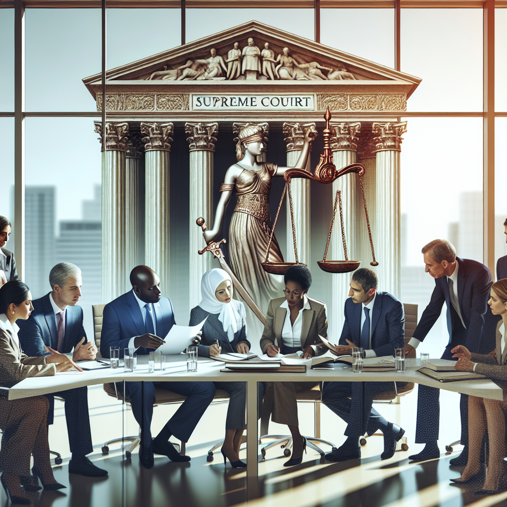 An abstract representation of the US Supreme Court with a balance scale symbolising justice. A diverse group of decision-makers, such as a Middle-Eastern female executive, a South Asian male company director, a Black female politician, and a Caucasian male manager, are gathered around a table examining a document labelled 'Supreme Court Rulings'. They are engaged in a deep discussion, sharing their insights and perspectives. The setting is a well-lit, modern conference room with a large window overlooking the city skyline.