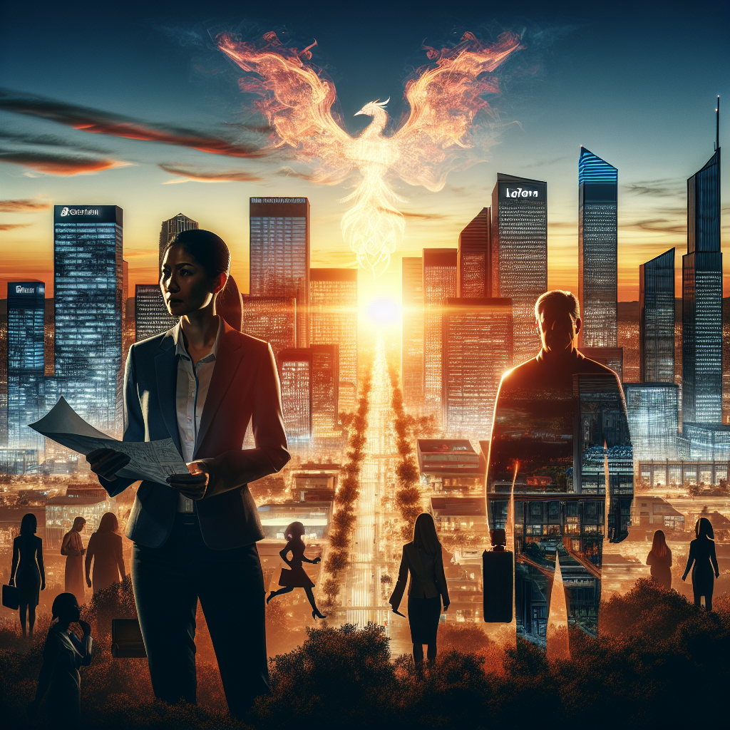 An aerial view of a large techie city silhouetted against the setting sun. In the city, skyscrapers with logos of generic tech companies can be seen. The city is buzzing with diverse people of different genders, descents, and occupations hustling. In the foreground, a young South Asian woman in business attire and a middle-aged Hispanic man, supposedly former tech workers, stand resiliently, ready to adapt to any situation. They hold a blueprint symbolizing their plan for the future. Behind them is a symbol of hope: a phoenix rising from the ashes, reflecting resilience amidst layoffs.