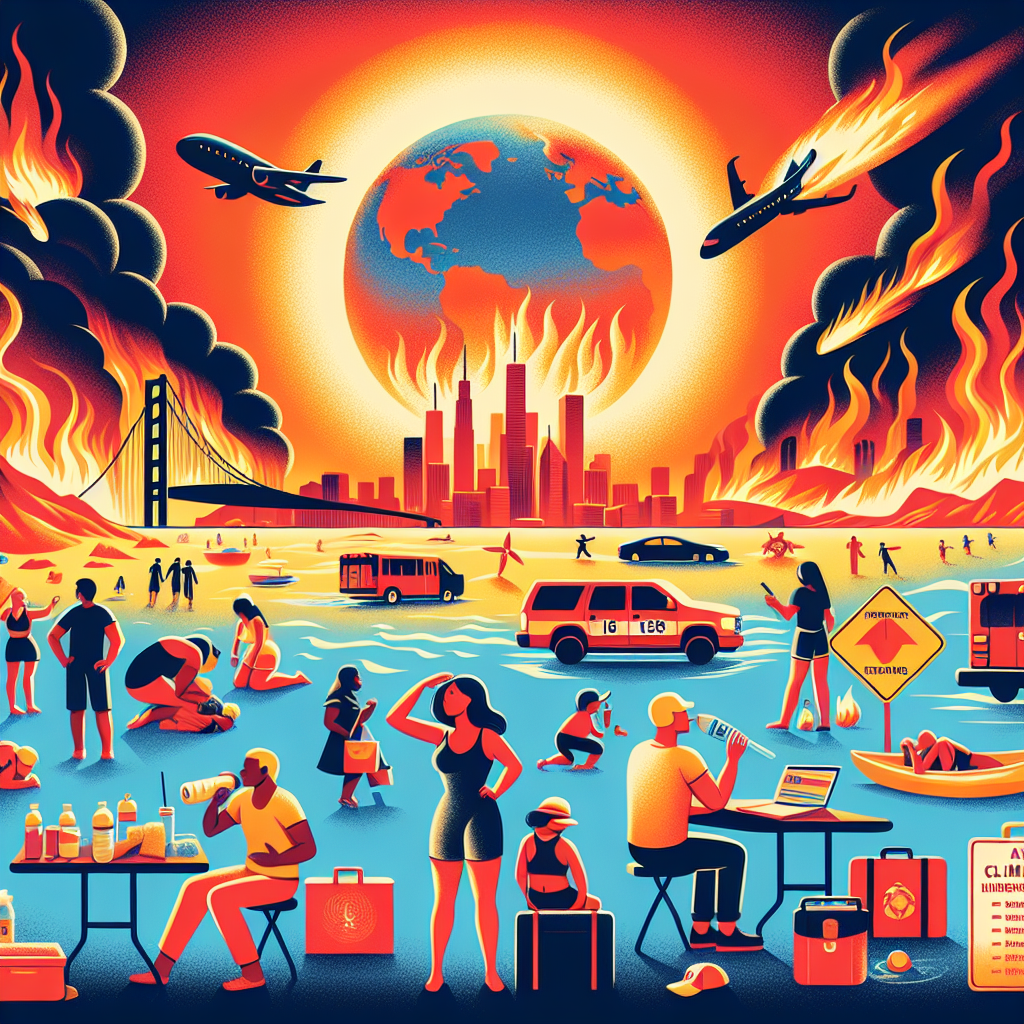 Illustration of the impacts of an intense heatwave sweeping across the United States: the sun radiating extreme heat, with massive wildfires spreading in the backdrop, and people from different descents and genders using various strategies to stay safe. These strategies include staying hydrated, seeking shade and shelter, staying updated with emergency services' information, and preparing evacuation plans. This image should portray the harsh reality of climate change and the importance of staying prepared and resilient in these challenging circumstances.