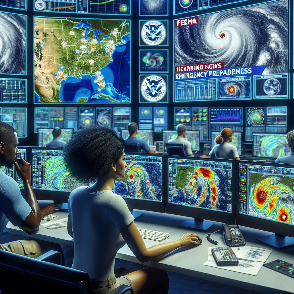 A detailed and informative scene featuring the following elements: A pair of diverse meteorologists, one Hispanic woman and one Black man, working on multiple monitors showing hurricane models and analysis data. Among the monitors, there is a large television screen continuously broadcasting FEMA emergency preparedness updates. The room is packed with the latest weather tracking equipment. They are surrounded by beautiful multi-colored 3D weather maps and diagrams. In the foreground, a close-up view of notifications about incoming hurricanes visible on their computer screens. The room has a tense but proactive atmosphere, exemplifying the state of readiness that these professionals maintain.