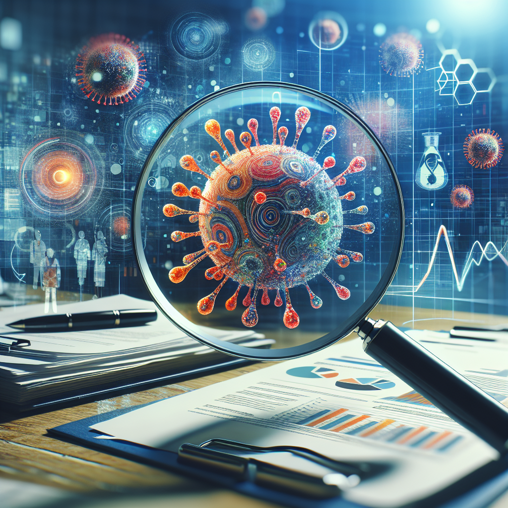 Conceptualize an image that represents a health organization issuing new advisories about a pandemic. The focus should be on an abstract representation of a virus with multiple variations, symbolizing the variants of the disease. This could take the form of multi-colored viral particles with unique markings to denote the various strains. Include background elements like a magnifying glass to indicate close monitoring, documents or digital screens displaying graphs and reports, and emergency symbol to denote urgent attention. The atmosphere should convey a sense of urgency and public concern.