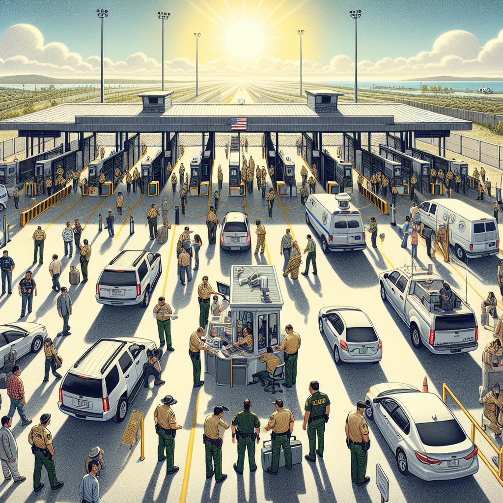 A detailed illustration of a border security checkpoint viewed from an aerial perspective. It's daytime and the checkpoint is bustling with activity. Border security personnel, namely men and women of diverse descents such as Caucasian, Hispanic and Black, wearing uniforms, are inspecting incoming vehicles. Some personnel are working in the check booth, some are operating sophisticated scanning machines, and others are engaging with travelers in respectful conversations. In the background, there's a high-tech surveillance system. Featuring a clear sky, sun shining, with fencing disappearing into the landscape, symbolizing recent immigration policy changes.