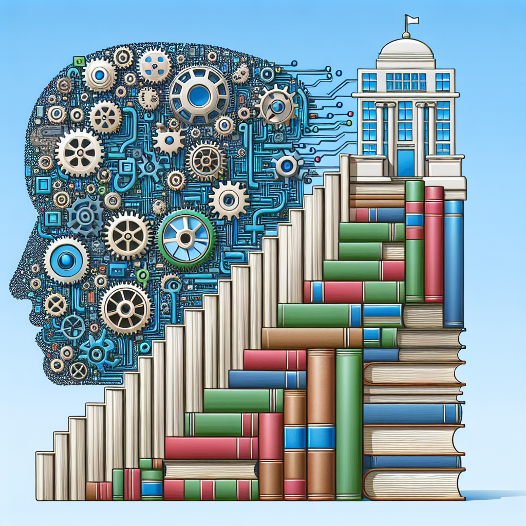 Show an illustration of a complex machinery, with numerous gears and circuits symbolising Artificial Intelligence next to an iconic building symbolising a generic authority body. The AI machinery is breaking down effortless steps demonstrated as a cascading stairway of books. Each step's face shows titles relating to AI regulation and policy making, designed in a light and palatable format to represent understanding.
