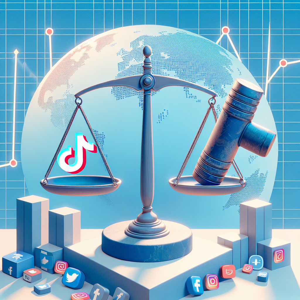 A still-life style illustration depicting the symbols of debate and technology: on one side, a balance scale with the TikTok logo on one plate weighing against a sledgehammer on the other. In the backdrop, a global map dotted with social media icons is further overlaid by line graphs that symbolize upward and downward trends. Colours should be predominantly social media-themed: blue, white and peppering of other bright shades.