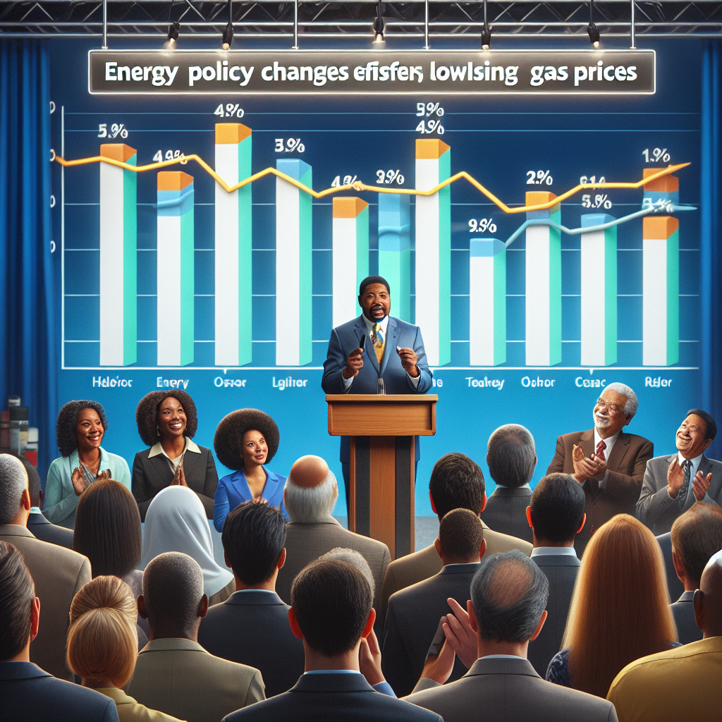 Visualize a scene showing the concept of energy policy changes effortlessly lowering US gas prices. In the foreground, an African American male politician at a lectern is addressing a crowd. Behind him, there is a large screen displaying bar charts that show decreasing gas prices over time. Stakeholders, consisting a South Asian female energy industry leader and a Caucasian male economist, listen intently in the crowd. Surrounding them are regular citizens, a Hispanic female teacher and a Middle Eastern male grocery store owner, expressing relief on their faces caused by decreasing gas prices.
