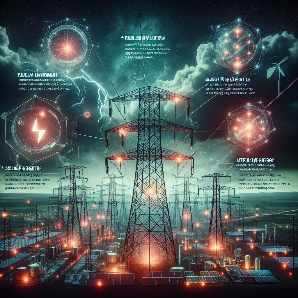 Visualize the infamous power grid system consisting of towering electricity pylons connected by cables, against a dramatic night sky. One pylon shows clear signs of distress, with sparks and a dim glow signaling a potential failure. Surrounding the threatened site, however, are a set of innovative solutions, such as backup generators, solar panels, and wind turbines, suggestive of alternative energy sources. Insert text overlays outlining key strategies to prevent nationwide blackout, such as regular maintenance, alternative energy reliance and improved technology to illustrate the theme of essential strategies to prevent power grid failure risks.