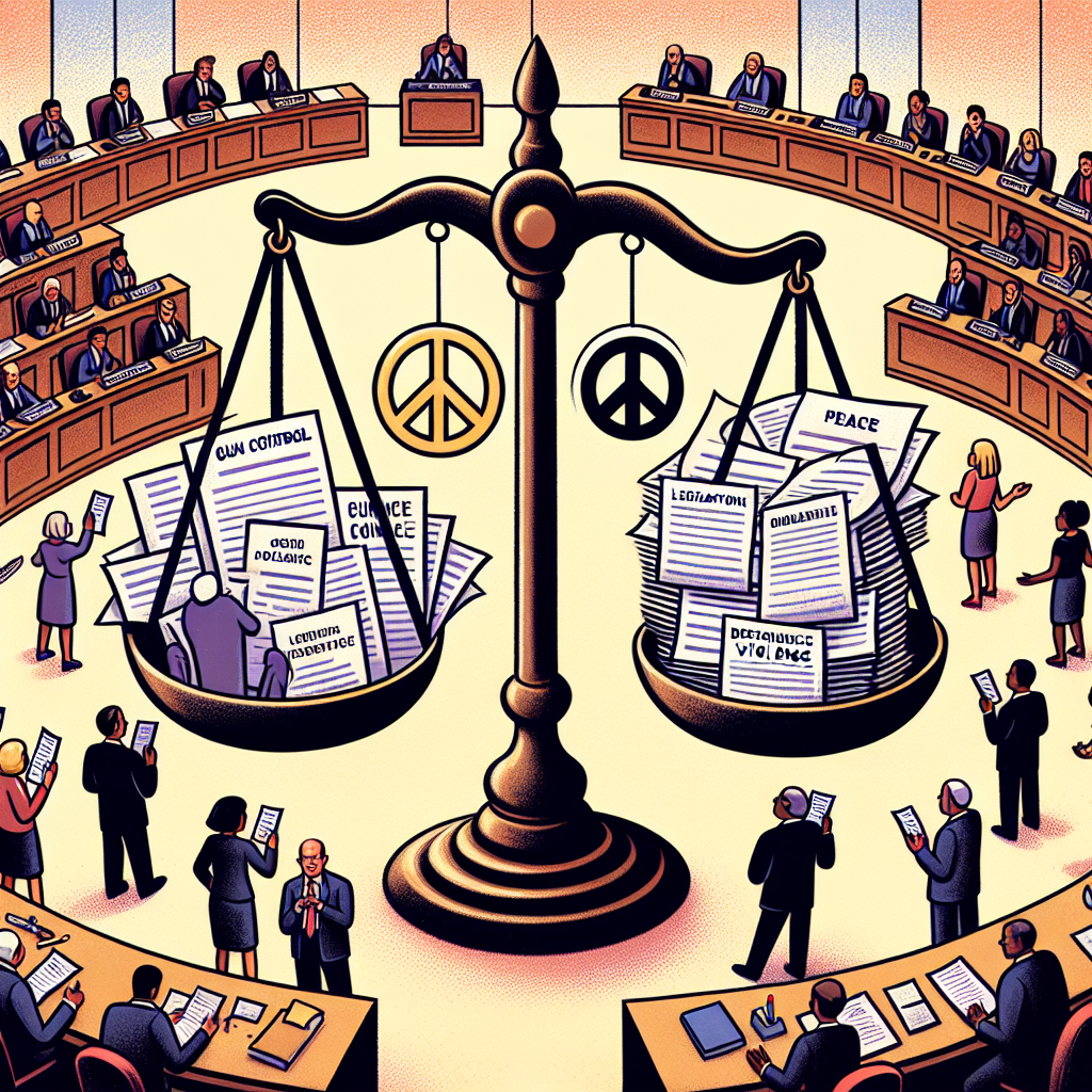An illustrative representation showing a balanced scale, on one side there's legislation papers symbolizing gun control laws and on the other side, peace symbols representing the decrease in violence. In the middle, public servants are discussing and making amendments to these laws. The scene is set inside a legislative building, and each public servant displays equal gender representation and varied descent to provide a realistic and diverse perspective. The image should evoke the sense of progress and work in process.