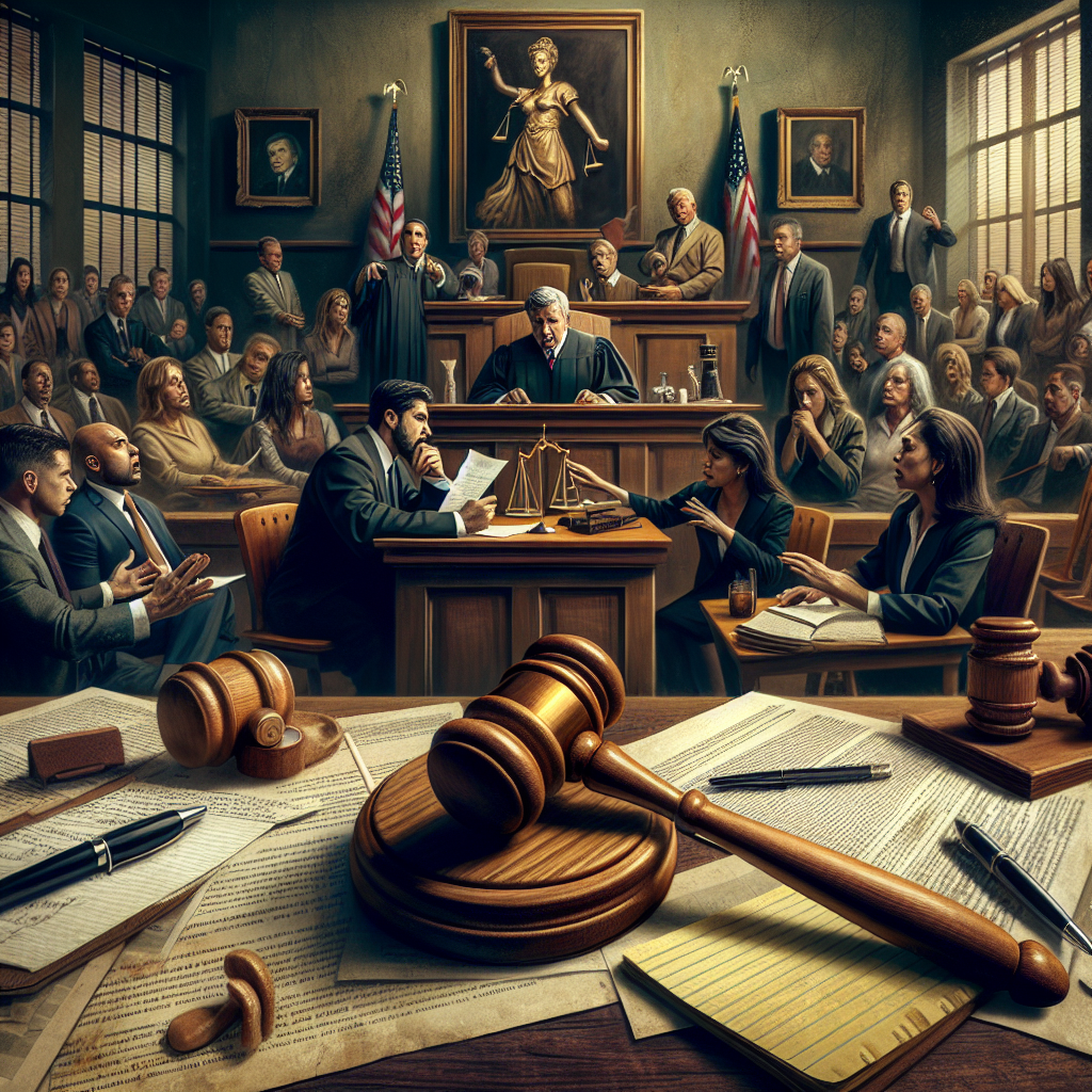 A symbolic representation of a US high profile criminal trial. In the foreground, an ornate wooden judge's bench with a gavel resting on it. Nearby, a defense lawyer of Hispanic descent and a prosecutor of South Asian descent passionately arguing their cases. In the background, a jury of diverse descent deliberates under the solemn watch of a portrait of Lady Justice. The atmosphere is tense, the room filled with anticipation. Everywhere, note pads scribbled with case details, documents of testimony scattered, and evidence on display. All set within an old, solemn court room.