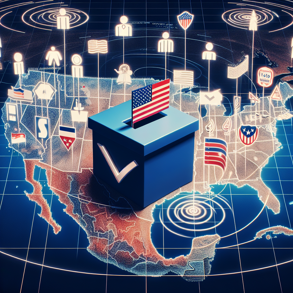 Visualize a conceptual image illustrating the impact of changing voting laws on US elections. In the foreground, have a symbolic representation of a ballot box with various impacts drawn as symbolic icons surrounding the box. Please include depictions of states marked on an outline of the US to signify the nationwide impact. The scale of the impact can be shown with visual cues, like ripples expanding outward. Avoid rendering any specific person or political symbol. The overall tone should be informative and non-partisan.