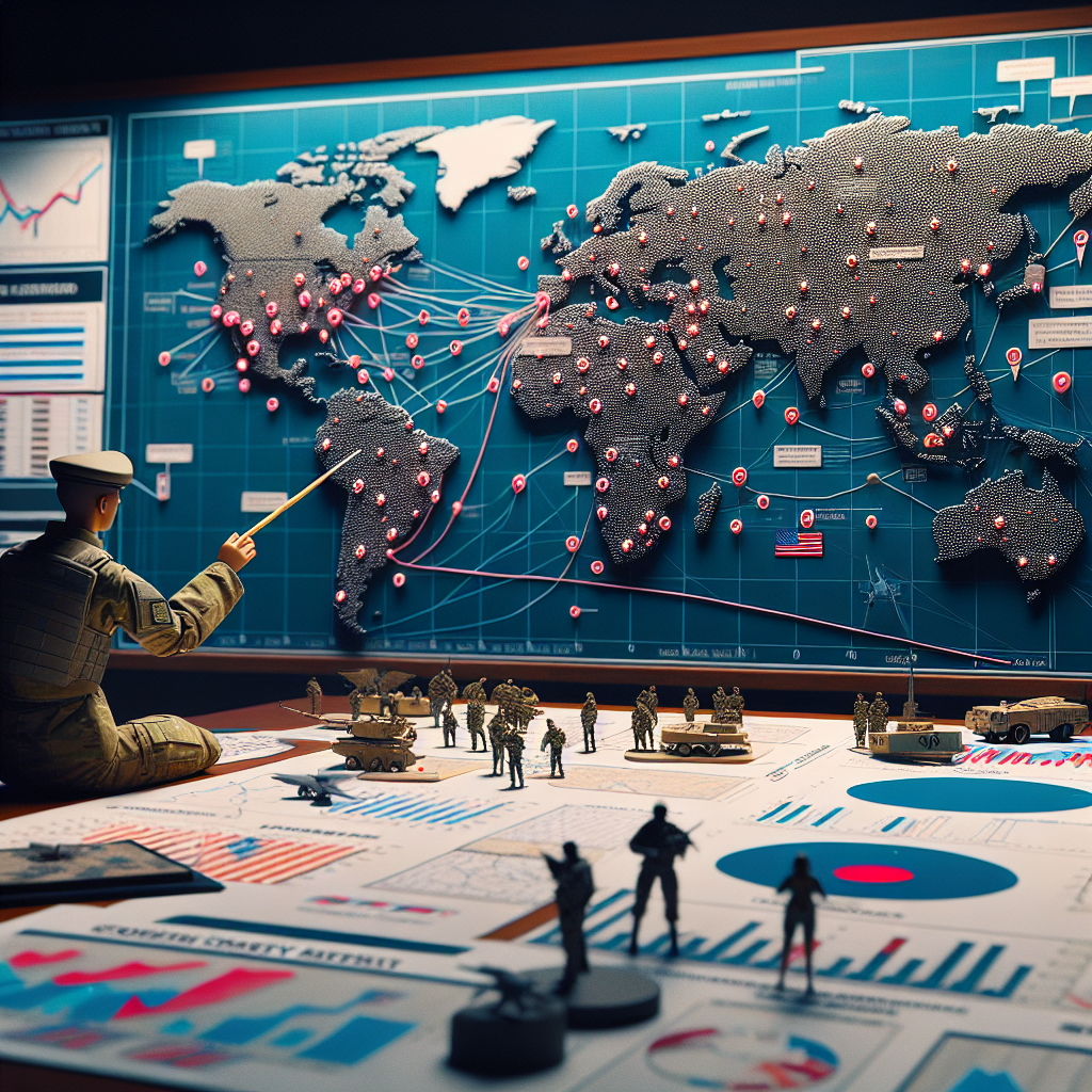 Image of a large international map laid on a table, cluttered with multiple markers and figurines symbolizing various military units. In the foreground, a person wearing a gender-neutral uniform, identified as a top strategy expert with an African descent, is pointing towards the map with a stick. Data and diagrams relating to global security are showcased on the charts pinned on the wall. An ambiance of intense discussion and planning can be felt. This illustration represents the intricate planning and decision-making processes involved in strategizing US military aid.