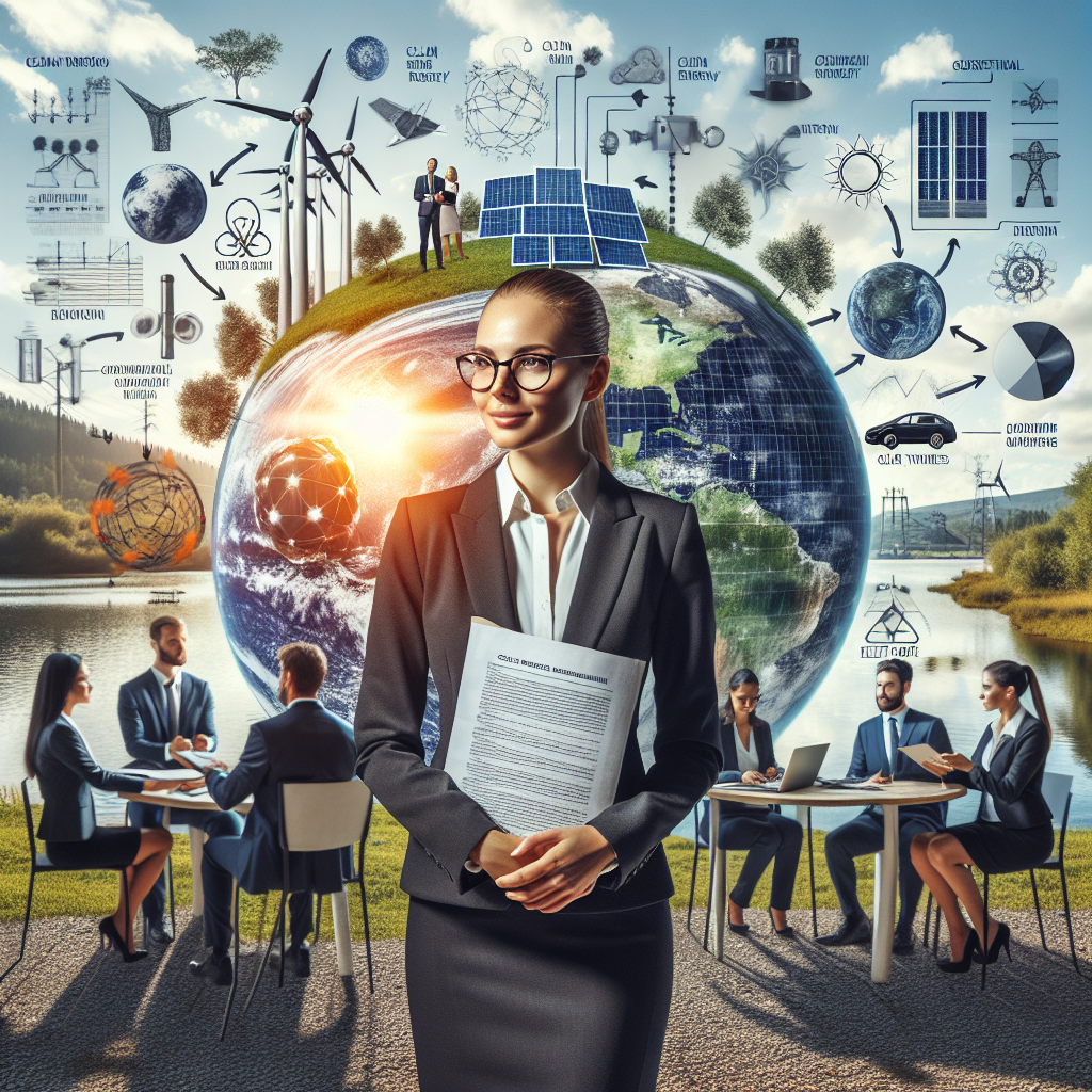 Generate a dynamic and realistic image encapsulating the concept of clean energy investments. Visualize a Caucasian female legislator in a formal suit holding a bill titled 'Climate Change Legislation'. Around her, theoretical model diagrams showcase solar energy, wind turbines, geothermal heating and electric car technologies. In the background, multicultural investors in business attire are shown in discussion around a table filled with portfolios labeled 'Clean Energy'. In the far backdrop, a pristine, healthy environment with lush forest, clean river, and blue skies complement the scene.