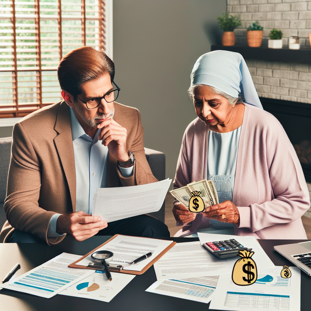 Imagine a well-composed scene depicting a mature South Asian man and a Middle Eastern woman, both in their senior years, engaged in discussion with a Caucasian financial advisor inside a cozy office. They are pouring over papers - possibly related to medicare changes and methods to reduce healthcare costs. Key documents, calculators, and information booklets are strewn about the table, and a laptop showing graphs of healthcare costs is open. Include related symbolism such as dollar signs and medical symbols to emphasize the theme of reducing healthcare costs