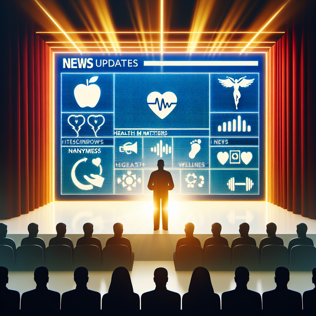 Create an image representing a general concept of news updates specifically related to health matters that pertains to the public figures in spotlight. The main visual elements could be a brightly lit stage with a large screen displaying various common health and wellness symbols like an apple, yoga pose, heart rate monitor, dumbbell, etc., and anonymous silhouette figures observing it. There might be a news ticker at the bottom displaying common health-related statements to imply the updating nature of the subject.
