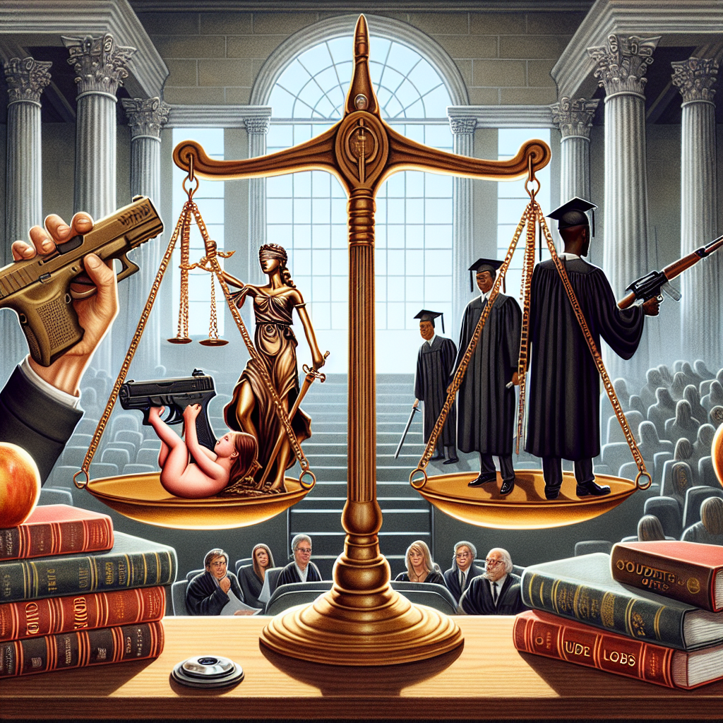 An illustrative scene depicting the symbolic balance scales of justice in the foreground. On one side of the scales, a pregnant woman symbolic of abortion rights, a hand holding a firearm representative of gun laws, and a stack of books and a graduation cap indicating student loans. On the other side, weighty tomes of law. The background reveals the grand architecture of a courtroom. Three nameless and faceless figures in judicial robes are deliberating in the background, symbolizing judges. The scene should be charged with gravity and seriousness, reflecting the weightiness of these issues.