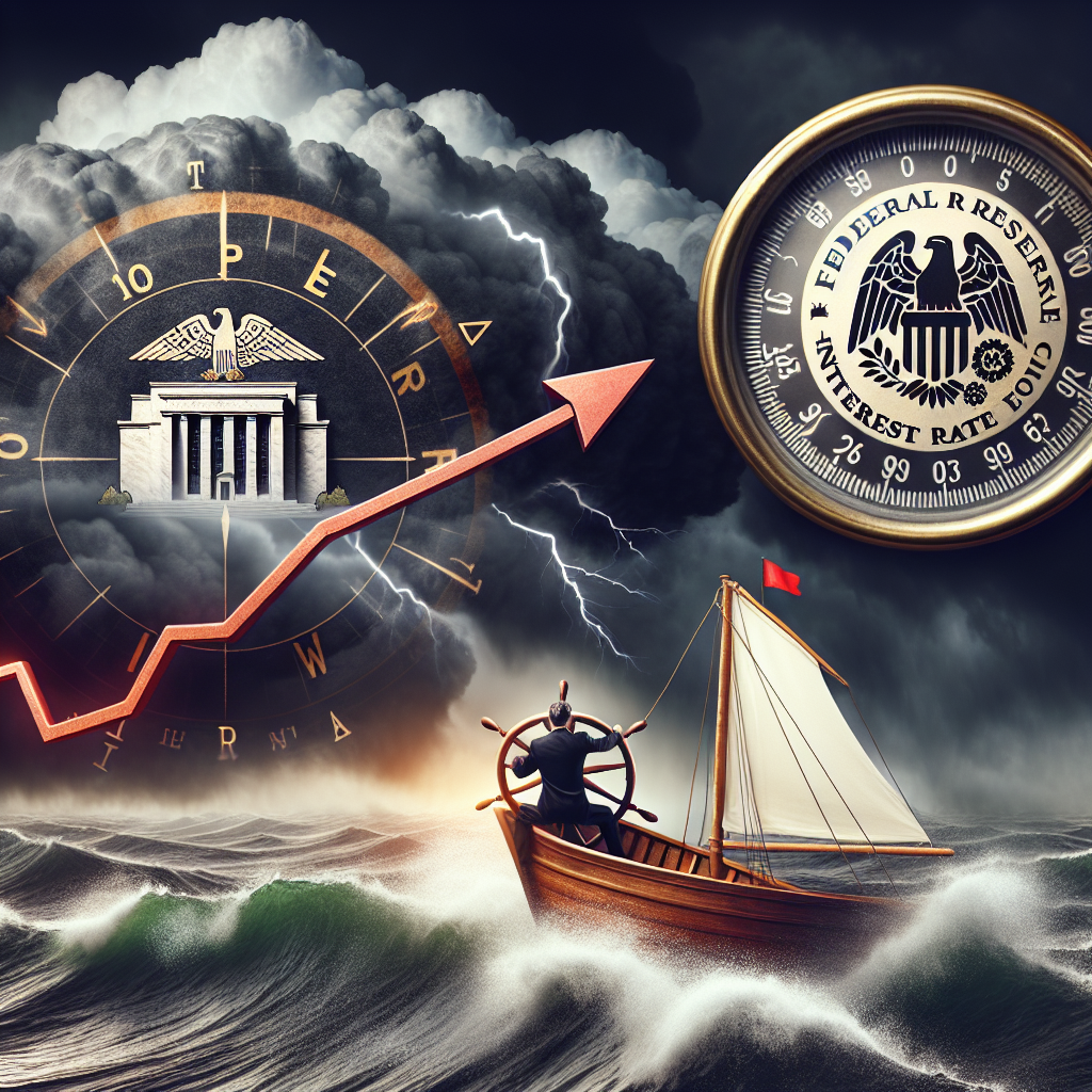 Visualize an allegorical scene representing the concept of 'inflation' and the 'Federal Reserve's Interest Rate Decisions'. This could be interpreted as a person who is steering a ship through stormy financial waters, symbolizing inflation, with a compass marked with economic indicators in hand. These indicators are predominantly interest rate related. The looming storm clouds bear the emblem of the Federal Reserve. The scene is dramatic yet hopeful, a metaphor for navigation through difficult economic conditions, emphasizing smart strategies.