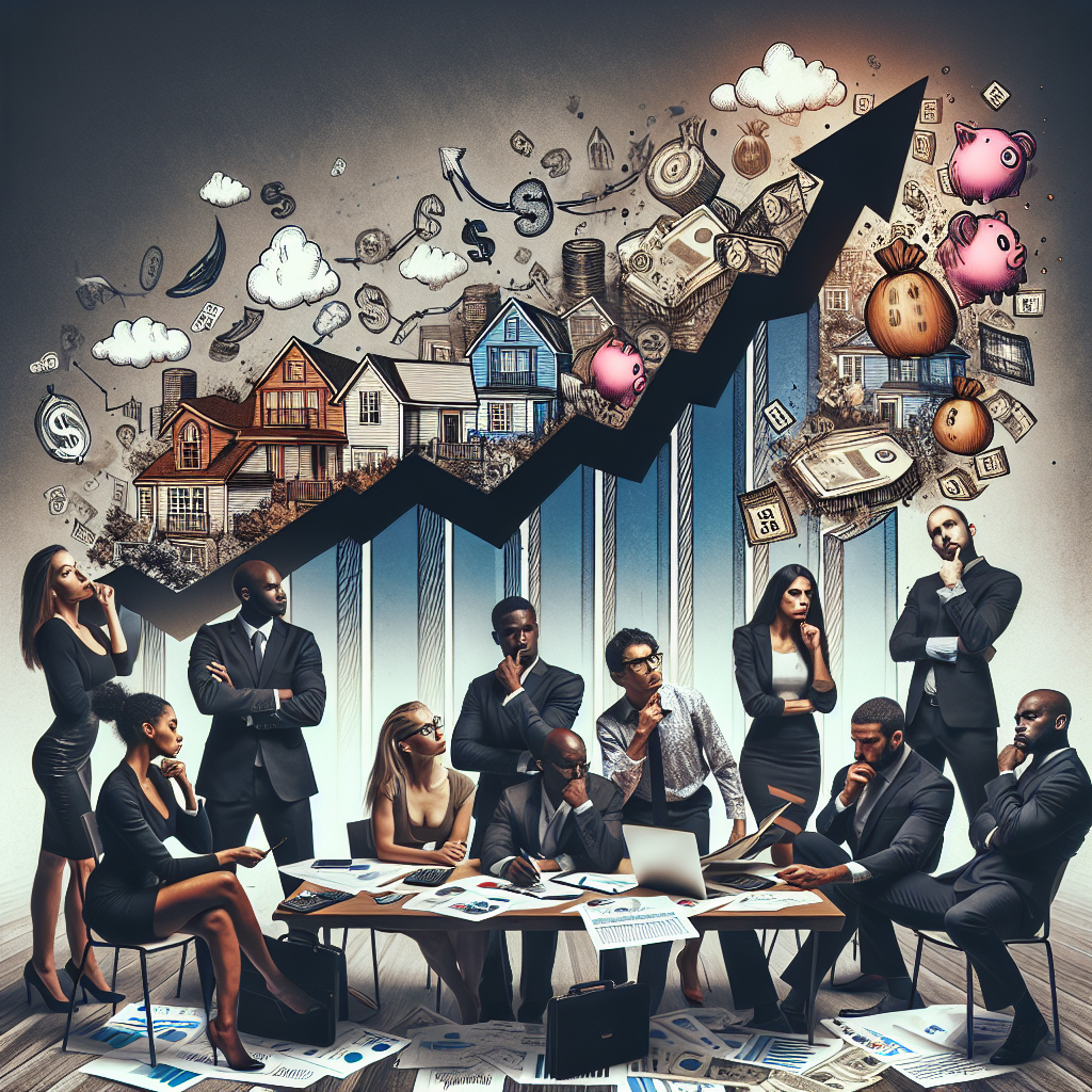 An intense, detail-laden scene depicting the concept of the US housing market crisis. It includes a visual representation of rising mortgage rates shown by a steep, ascending graph in the backdrop. In the foreground, a diverse group of individuals, a Black male, a Caucasian female, an Asian female, and a Hispanic male are huddled around a table littered with papers, calculators, and laptops. They are working together, strategizing and coming up with ways to manage the crisis. Popping from the table is a series of illustrated thought bubbles containing images of houses, dollar signs, and piggy banks, symbolizing their strategy brainstorming. Confidence and determination radiate from the group.