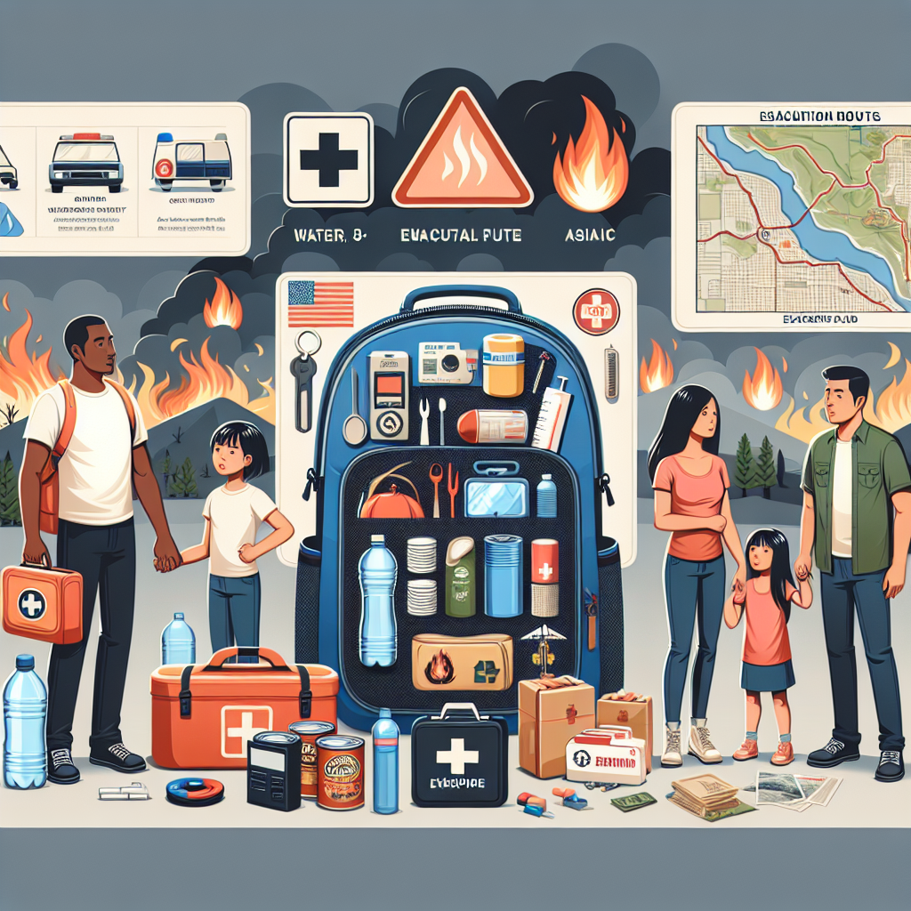 An informative visual illustrating a 'Wildfire Emergency Preparedness Guide'. The scene includes a detailed backpack filled with essential items such as a water bottle, canned food, a first aid kit, batteries, a flashlight, and a radio. Also, include a map marked with evacuation routes as well as a picture of a family of four (a Black father, Hispanic mother, Asian daughter and Caucasian son) discussing the escape plan. Add a cautionary wildfire symbol in the background to maintain the seriousness of the topic.