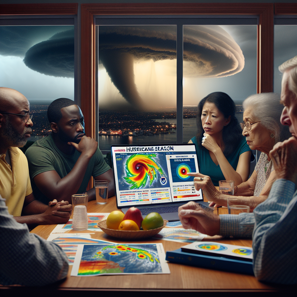 Visualize a scenario depicting the onset of Hurricane Season. In the foreground, a diverse group of people (Black man, Hispanic woman, Middle-Eastern young man, and South Asian elderly woman) are huddled around a table, focused intently on a laptop screen displaying essential FEMA updates. The screen shows colorful maps and charts about the impending hurricane alongside alert notifications. The room has a serious but calm atmosphere. Through a window in the background, dark storm clouds are gathering in the sky, encapsulating the urgency of the situation.