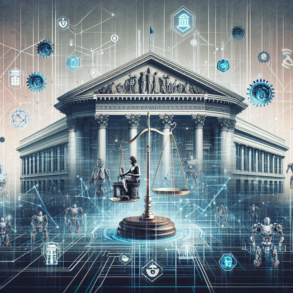 An aesthetically pleasing and thought-provoking image depicting various aspects of artificial intelligence and regulation. The main focus of the image is an illustrious, early 20th-century building, symbolising governance, projected against a futuristic cityscape filled with elements representative of artificial intelligence such as robot silhouettes and digitally connected networks. There should also be symbols like scales to indicate the balance of regulation, a gavel for laws and regulations, and cogs to represent machinery. Be sure to illustrate a sense of balance between the old and the new, the human and the robotic, the regulated and the innovative.
