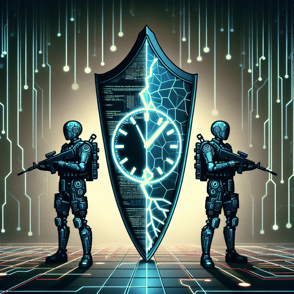 Illustrate a conceptual image depicting the theme of tech tensions between two nations, represented by symbols rather than real countries. Include two abstract silhouettes of digital soldiers with futuristic technology garments, standing on opposite sides of a large, cracked shield. The shield symbolises data protection, and is emblazoned with a clock representing the passing of time, reflecting the TikTok ban incident. Don't forget to incorporate a tech-inspired backdrop, perhaps incorporating code or network lines.