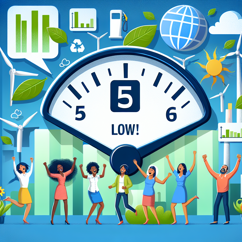 Illustrate a visual representation of diminishing gas prices as a result of endearing energy policy changes. The image should portray a large fuel gauge showing low prices, surrounded by symbols representing green energy, like wind turbines and solar panels. Showcase a blue sky background implying a positive, clean future. Add charts or graphs indicating the decrease in prices and a diverse group of people celebrating the changes, including a Black female, an Asian male, a Hispanic female and a Caucasian male, all demonstrating signs of relief or satisfaction.