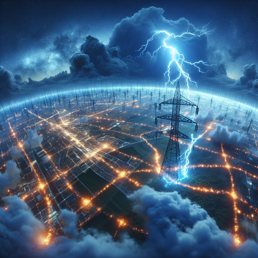 Imagine an aerial view of a complex network of glowing power lines intricately connected across a curved surface representing a nation. The energy grid is functioning and illuminating urban and rural areas equally. Near the edge of this visual, a single tower with a lightning rod is standing tall against a backdrop of turbulent storm clouds. Lightning is striking the rod, indicated by the bright spark and creating a momentary interruption in the power flow, shown by flickering lights along the gridline. Placed across the image are subtly visible text boxes containing the words 'Power Grid Failure Risks' and 'Vital Tips to Prevent Nationwide Blackout'.