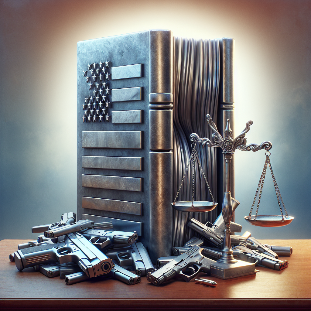 A concept art of a symbolic representation of Federal Gun Control Legislation combating gun violence. The image should show a strong, steel, monumental book representing the legislation, with pages that resemble an American flag. The book is open to display the law text. Adjacent to it, a cluster of guns rendered useless by being tied in knots, symbolizing gun violence being curbed. There should be a balance scale to signify justice, on a wooden table. The background is a calm, serene courtroom. No people are depicted. The color scheme is in hues of blue, silver and beige.