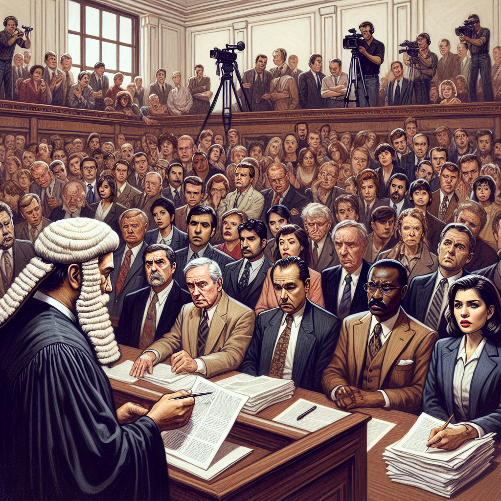 An illustrative scene of a crowded, busy courtroom with intense, suspenseful atmosphere. At the center, a neutral judge wearing black robes is solemnly reading out verdicts from a piece of paper. A South Asian male lawyer and a Hispanic female lawyer are attentively listening to the judge. The gallery is filled with audience members of various descents: Caucasian, Black, and Mid-Eastern displaying various expressions of shock, relief and anticipation. Important journalist characters are seen in the crowd, furiously scribbling notes. The image should capture the gravity and emotion of the situation.