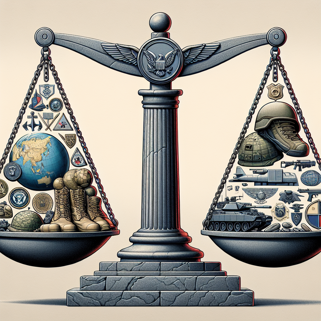 An illustration showing a symbolic representation of US military aid decisions. In the foreground, there are large stone balance scales. On one pan, there's a composite map of various global regions and on the other, a pile of military emblem symbols like military caps, boots, tanks, and ships. The scales are perfectly balanced, signifying the process of decision-making. In the background, there should be elements representing global security such as a dove with an olive branch, a shield symbol, and interconnected lines denoting global connectedness. This image should be rendered in a realistic style.