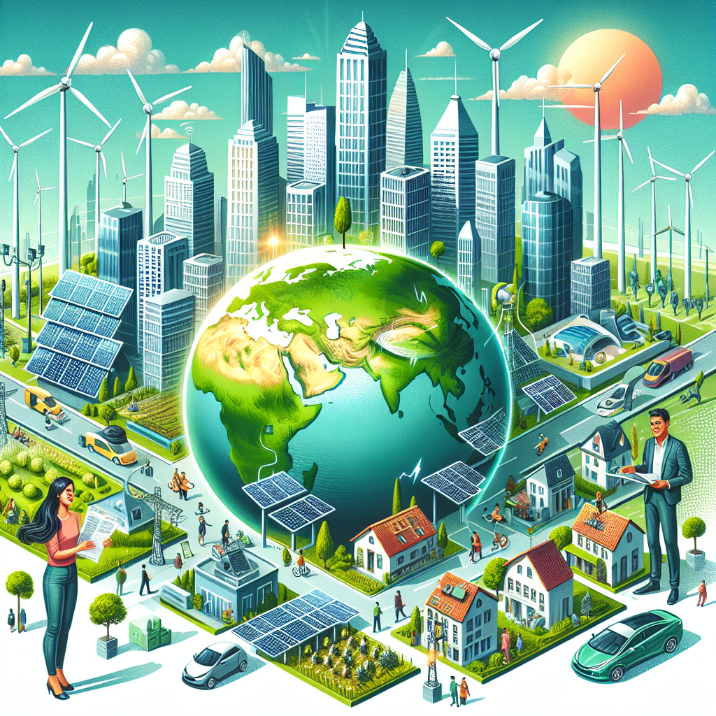 A dynamic and visually engaging illustration showcasing a green city powered by renewable energy sources. The cityscape should contain skyscrapers with solar panels, windmills in the distant fields, rooftops adorned with mini wind turbines, and electric vehicles moving about on the roads. Depict inhabitants doing various activities, with a South-Asian male looking through investment papers and a Middle-Eastern woman showcasing alternative energy models. Above the city, there should be a large globe with half of it showing healthy, green earth and the other half drying due to climate change. Insert text around the globe: 'Clean Energy Investments: Best Strategies for Climate Change Legislation'.