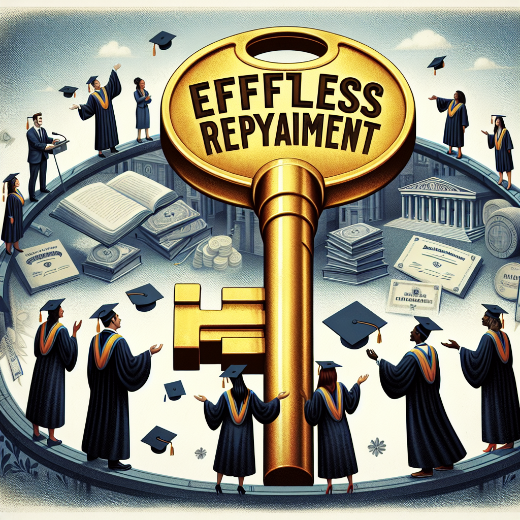 An illustration depicting the concept of student loan forgiveness. The central image should be a gigantic golden key with the words 'Effortless Repayment' engraved on it, symbolizing freedom from debt. Around the key, show individuals of varying races and genders - an Asian woman, a Hispanic man, a Black woman, and a Caucasian man, all in graduation gowns and caps, demonstrating the culmination of their educational journey. They are all reaching towards the golden key with expressions of hope and relief. In the background, there could be subtle, faded images of academic textbooks, graduation diplomas, and buildings resembling academic institutions.