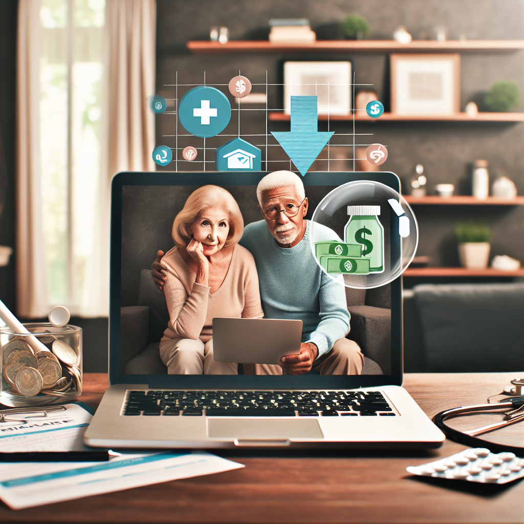 An engaging image depicting a healthcare theme. Show a relief-filled elderly couple, one Caucasian woman and one Black man, sitting at a comfortable home setting, with an open laptop on their wooden table. Next to the laptop, scatter some documents implying healthcare policies and costs. In the foreground, place a transparent bubble with a downward arrow and dollar bills signifying reduced costs. Towards the background, depict elements such as a medicare card and medicine bottle to reinforce the healthcare concept. The overall scene should evoke a sense of relief, tranquillity, and positivity.