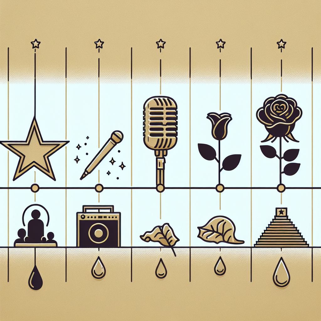 Create an image representing a timeline with symbolic milestones and moments of sorrow. At the beginning of the timeline, illustrate iconic objects like a gold star or microphone to symbolize success. Along the timeline, include sorrowful moments, like a wilting rose or a teardrop, indicative of solemn and sad events, without specifically referring to any individual's passing.