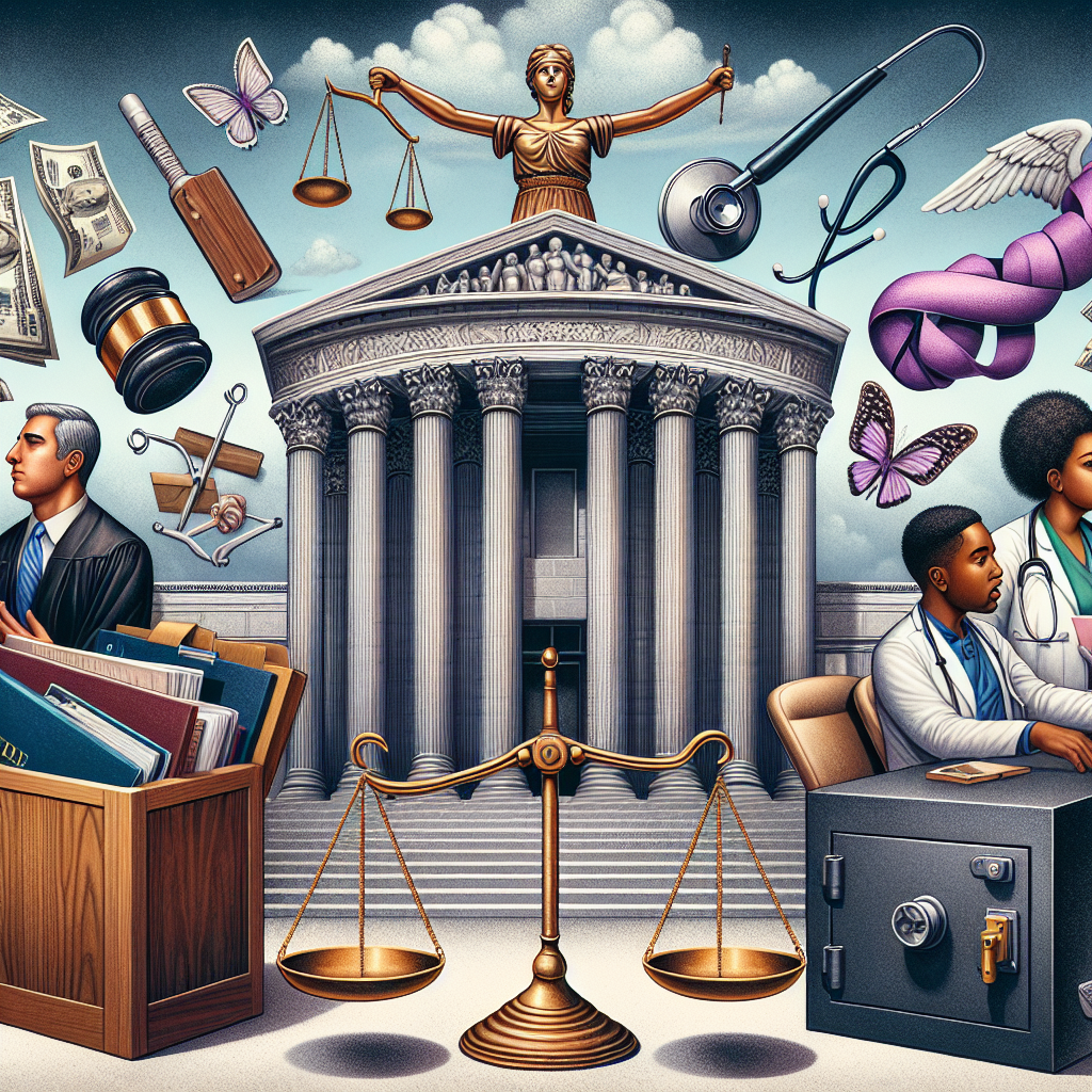 A composition depicting stalwart symbols of the US justice system: An imposing exterior of a court building, perhaps topped by a classical pediment and columns, presided over by the scales of justice. Nearby, a diverse group of citizens – a Caucasian male law student, a Black female medical professional, and a Hispanic female parent – engaged in a heated yet civil discussion. They are surrounded by symbolic imagery: a filing folder labeled 'Student Loans', a stethoscope entwined with a purple ribbon symbolizing abortion, and a locked gun safe, representing gun laws.